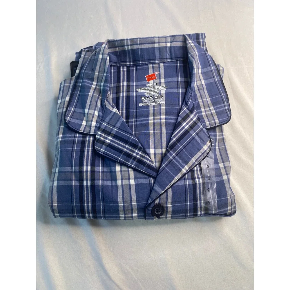 Hanes Mens Pajama Set Blue White Plaid Sleepwear 2 Piece Cotton Blend Size Small